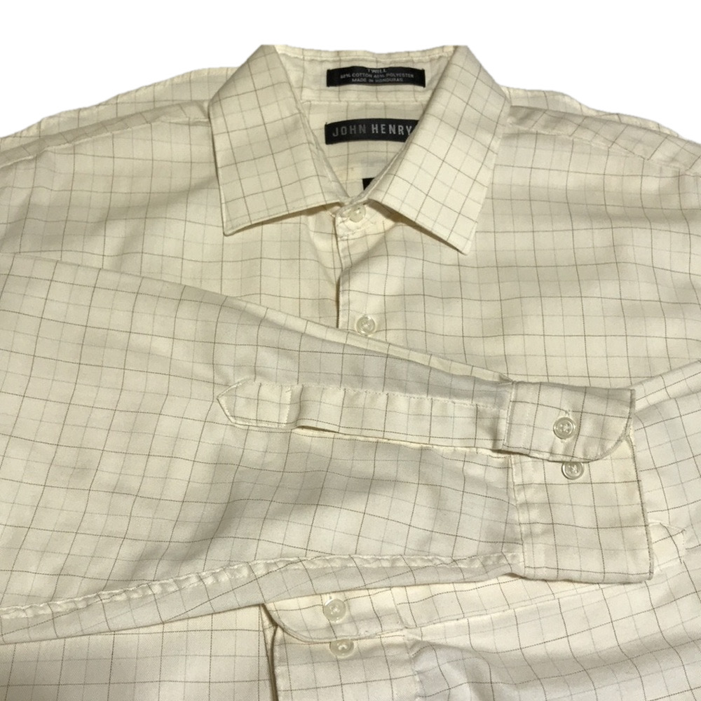 JOHN HENRY—VTG—Men’s Cream Plaid LS Twill Dress Shirt—16 1/2 Neck, 34/35 Sleeve - Picture 8 of 11